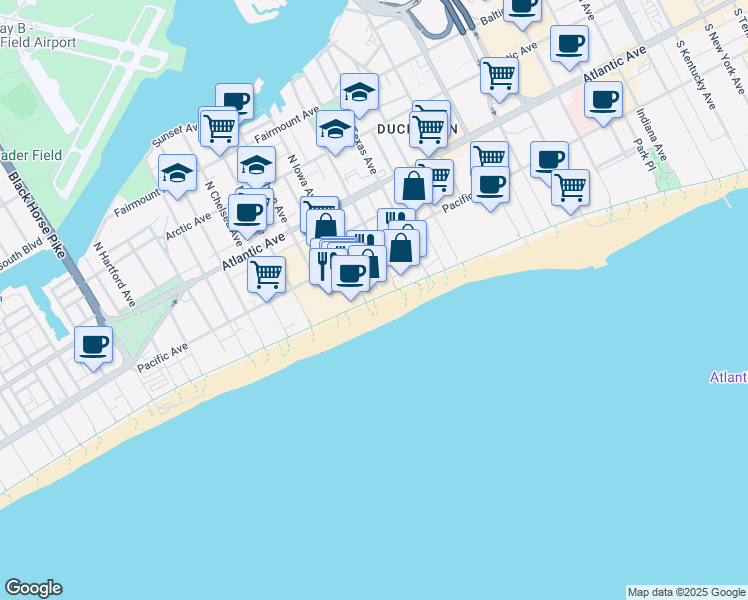 map of restaurants, bars, coffee shops, grocery stores, and more near 2719 Boardwalk in Atlantic City