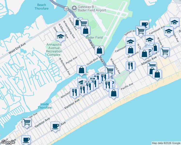 map of restaurants, bars, coffee shops, grocery stores, and more near in Atlantic City