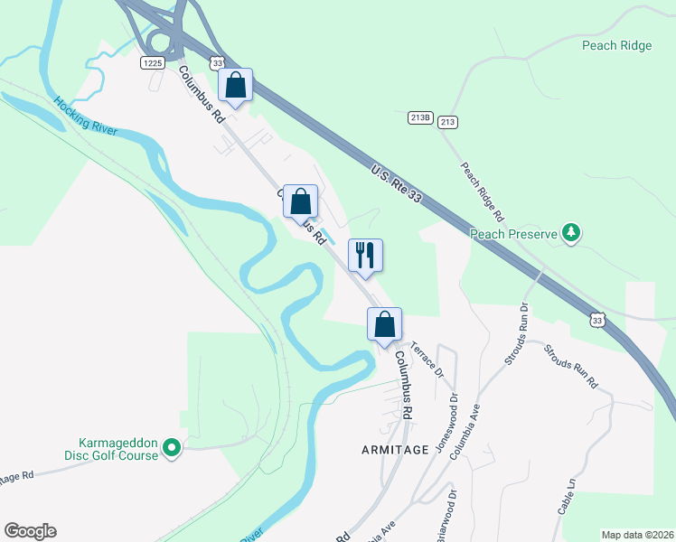 map of restaurants, bars, coffee shops, grocery stores, and more near 147 Columbus Rd in Athens