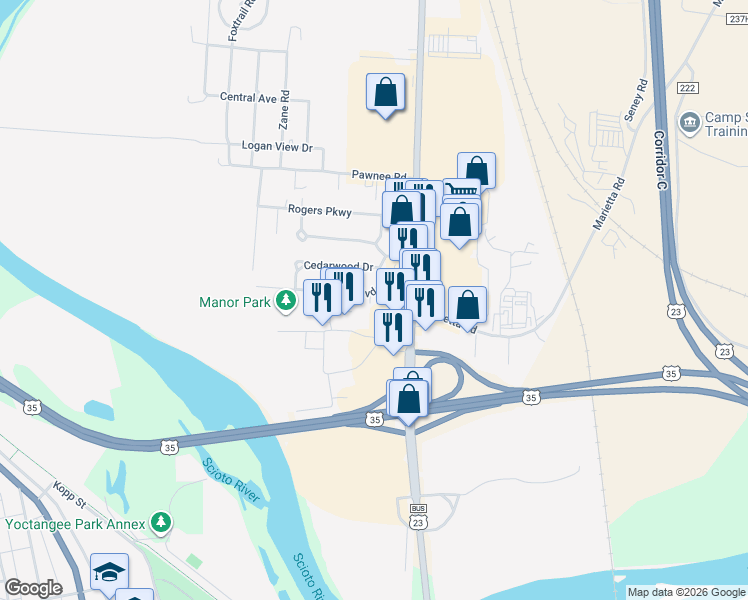 map of restaurants, bars, coffee shops, grocery stores, and more near 97 Winona Boulevard in Chillicothe