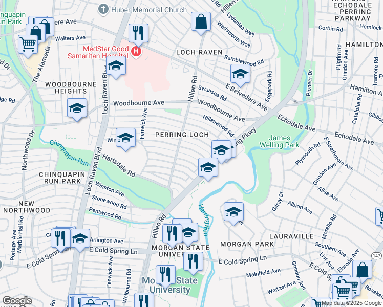 map of restaurants, bars, coffee shops, grocery stores, and more near 1813 Winford Road in Baltimore