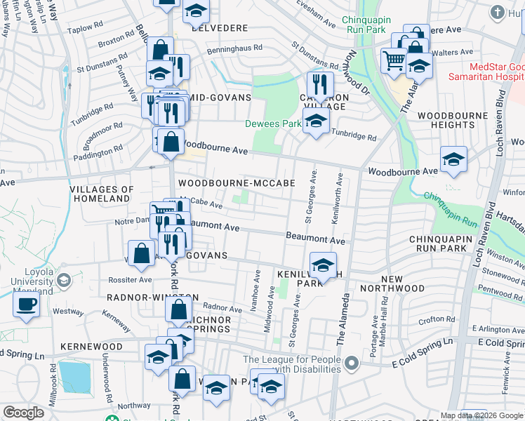 map of restaurants, bars, coffee shops, grocery stores, and more near 812 McCabe Avenue in Baltimore