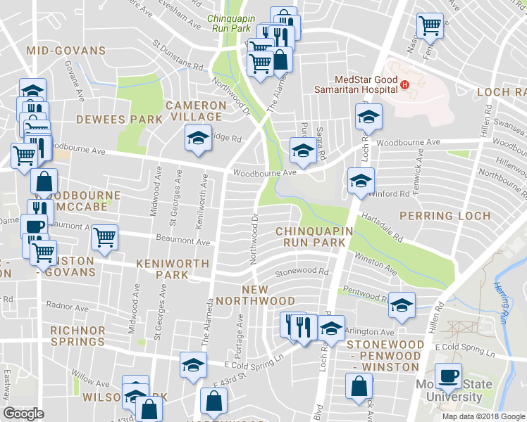map of restaurants, bars, coffee shops, grocery stores, and more near 1309 Glenwood Avenue in Baltimore
