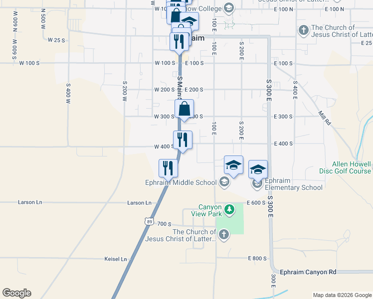 map of restaurants, bars, coffee shops, grocery stores, and more near 415 South Main Street in Ephraim