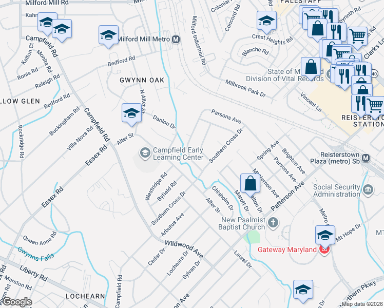map of restaurants, bars, coffee shops, grocery stores, and more near 6866 Parsons Avenue in Lochearn