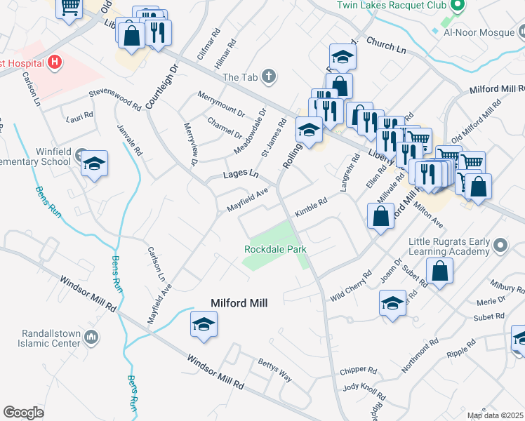 map of restaurants, bars, coffee shops, grocery stores, and more near 8309 Mindale Circle in Milford Mill