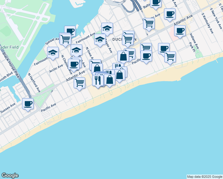 map of restaurants, bars, coffee shops, grocery stores, and more near 2721 Boardwalk in Atlantic City