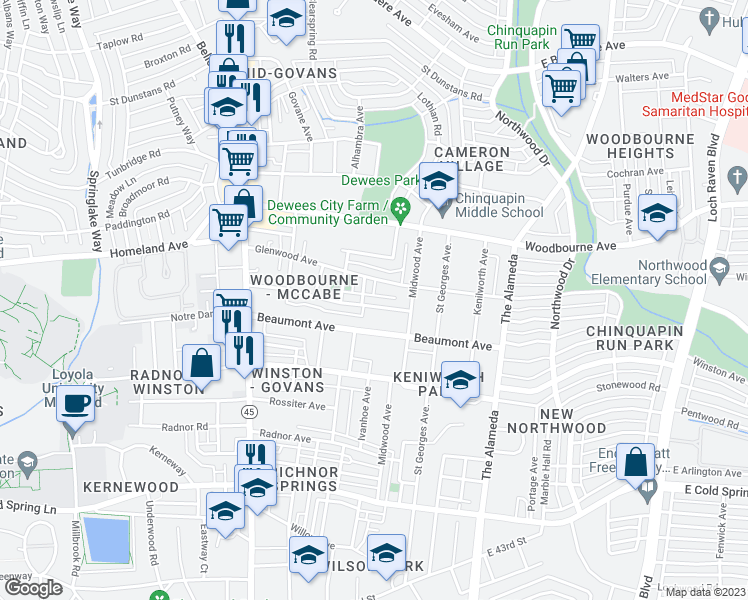 map of restaurants, bars, coffee shops, grocery stores, and more near 812 McCabe Avenue in Baltimore