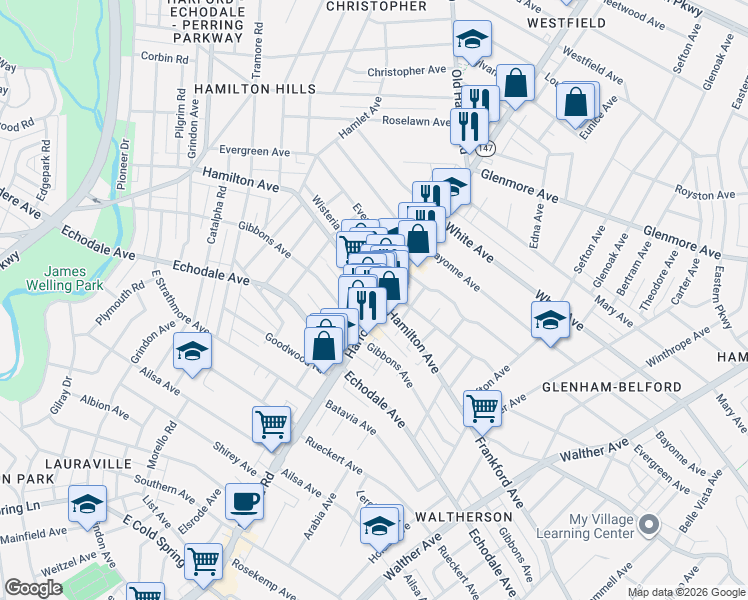 map of restaurants, bars, coffee shops, grocery stores, and more near 5440 Harford Road in Baltimore