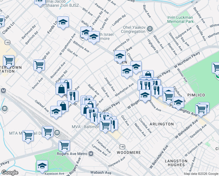 map of restaurants, bars, coffee shops, grocery stores, and more near 5732 Jonquil Avenue in Baltimore