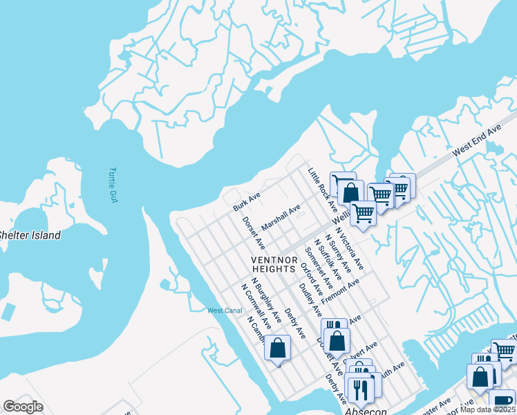 map of restaurants, bars, coffee shops, grocery stores, and more near 813 Dudley Court in Ventnor City