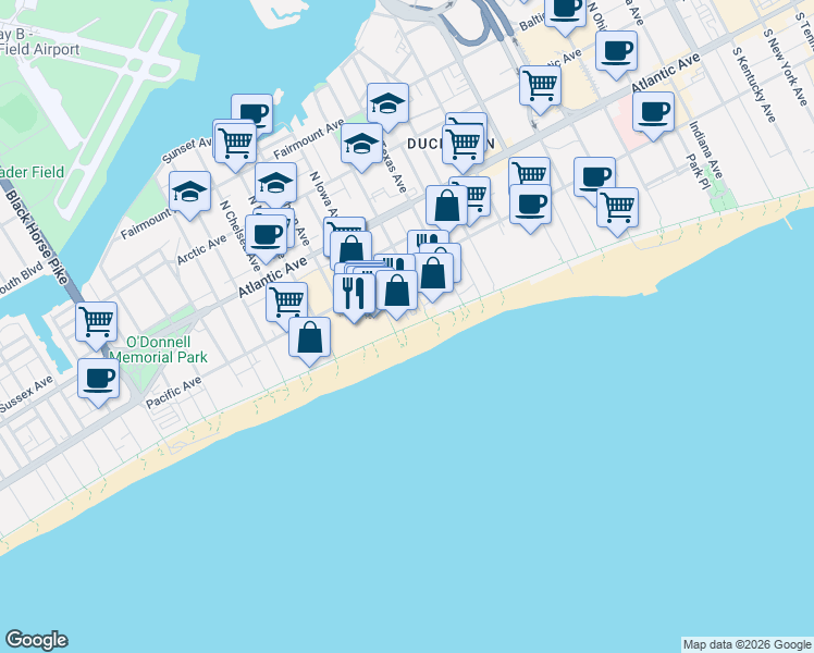 map of restaurants, bars, coffee shops, grocery stores, and more near 2719 Boardwalk in Atlantic City