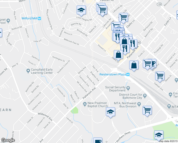 map of restaurants, bars, coffee shops, grocery stores, and more near 6610 Brighton Avenue in Baltimore