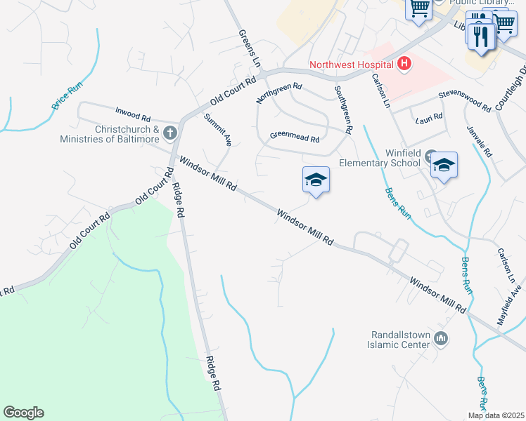 map of restaurants, bars, coffee shops, grocery stores, and more near 8325 Windsor Mill Road in Milford Mill