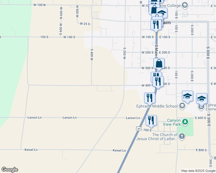 map of restaurants, bars, coffee shops, grocery stores, and more near 305 West 400 South in Ephraim