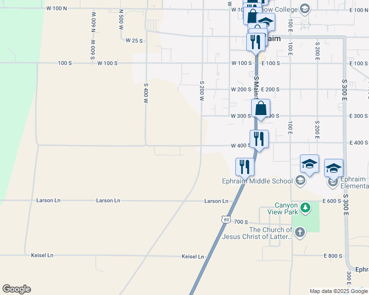 map of restaurants, bars, coffee shops, grocery stores, and more near 265 West 400 South in Ephraim