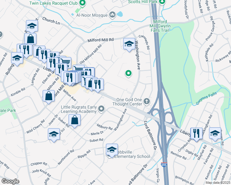 map of restaurants, bars, coffee shops, grocery stores, and more near 7914 Dunhill Village Circle in Milford Mill