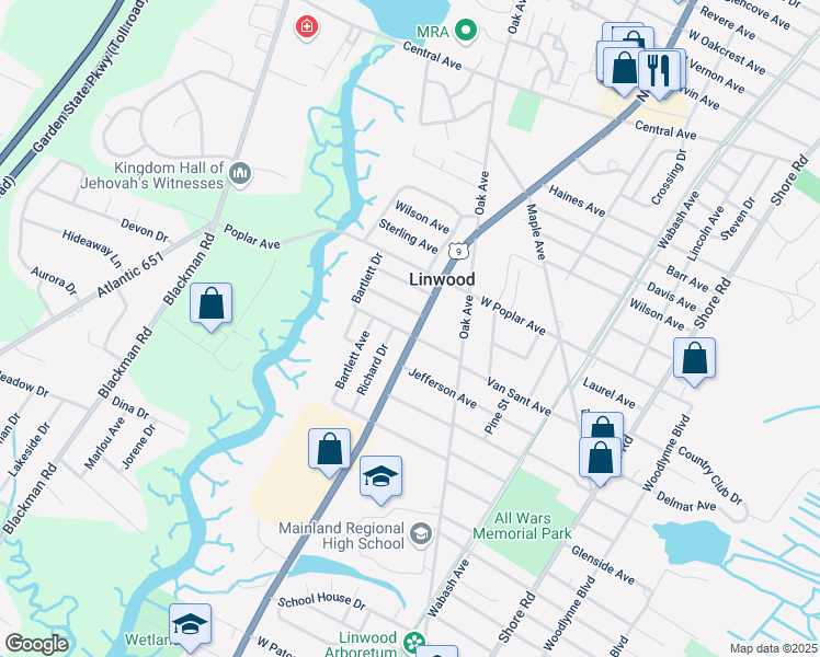 map of restaurants, bars, coffee shops, grocery stores, and more near 500 Van Sant Avenue in Linwood