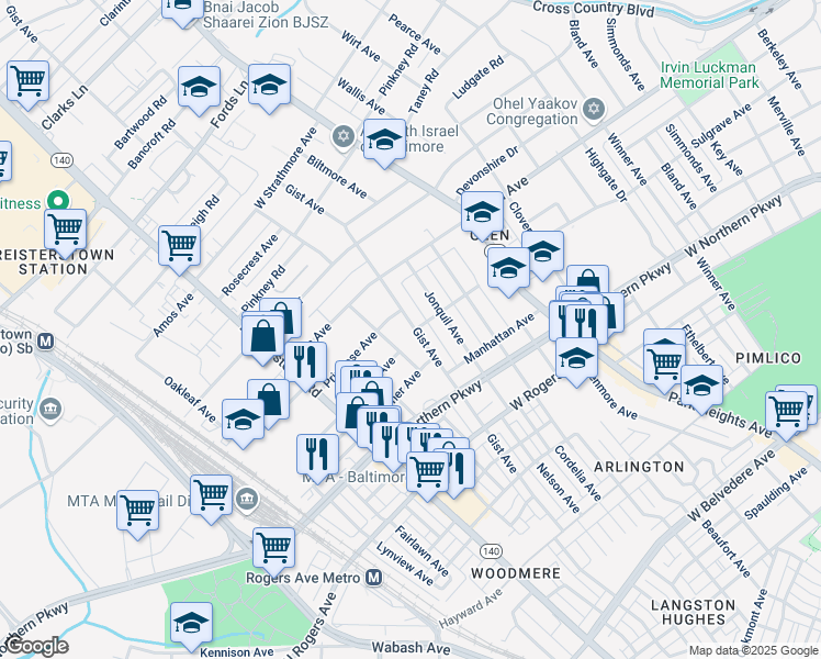 map of restaurants, bars, coffee shops, grocery stores, and more near 5730 Gist Avenue in Baltimore