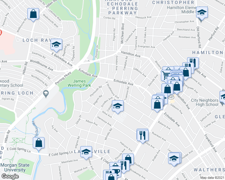 map of restaurants, bars, coffee shops, grocery stores, and more near 2504 East Strathmore Avenue in Baltimore