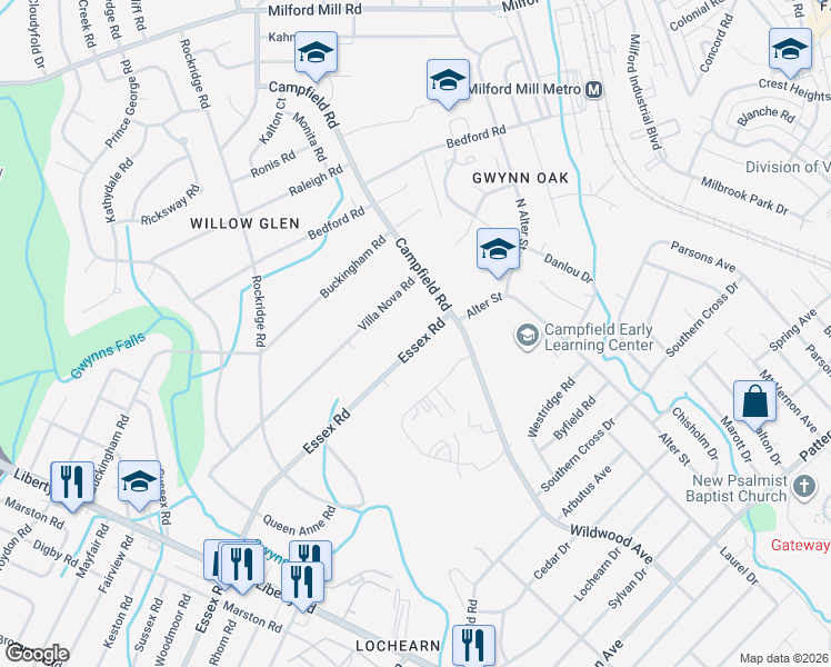 map of restaurants, bars, coffee shops, grocery stores, and more near 4116 Essex Road in Pikesville