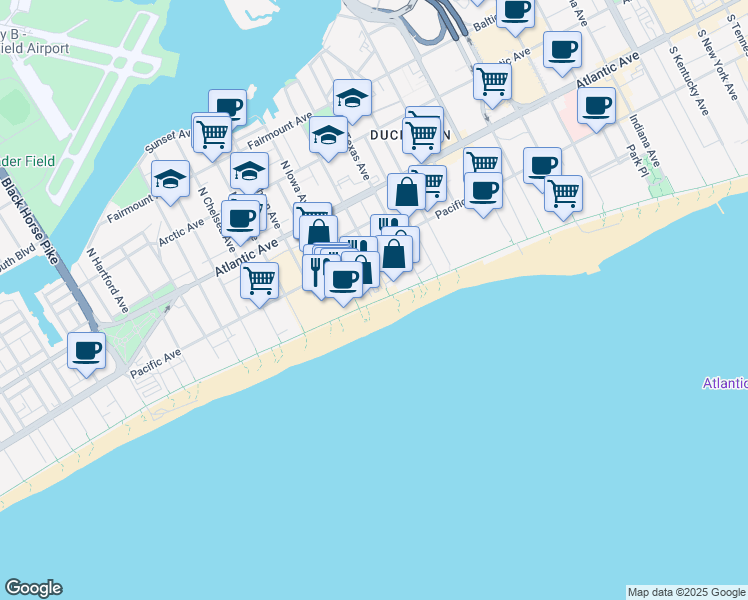 map of restaurants, bars, coffee shops, grocery stores, and more near 2719 Boardwalk in Atlantic City