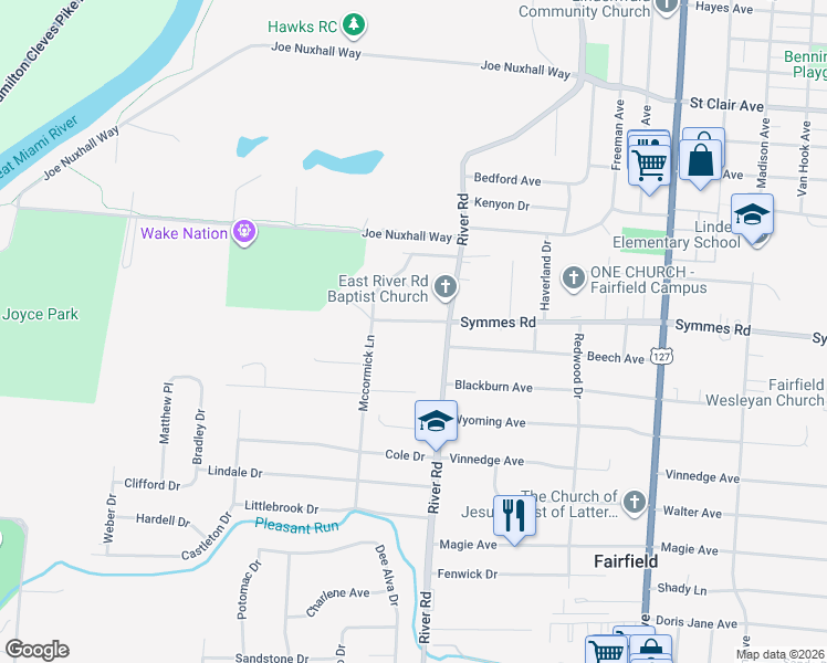 map of restaurants, bars, coffee shops, grocery stores, and more near 277 Symmes Road in Fairfield