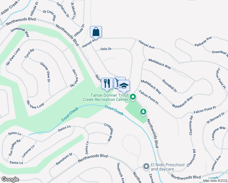 map of restaurants, bars, coffee shops, grocery stores, and more near 12796 Northwoods Boulevard in Truckee