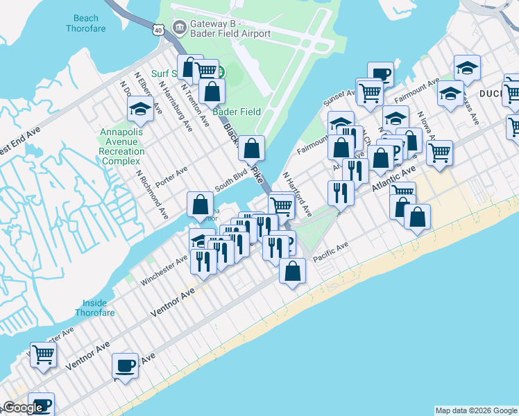 map of restaurants, bars, coffee shops, grocery stores, and more near 3720 Sunset Avenue in Atlantic City