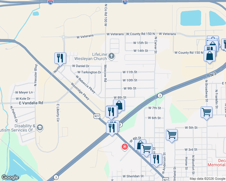 map of restaurants, bars, coffee shops, grocery stores, and more near 1515 North Brandt Street in Greensburg