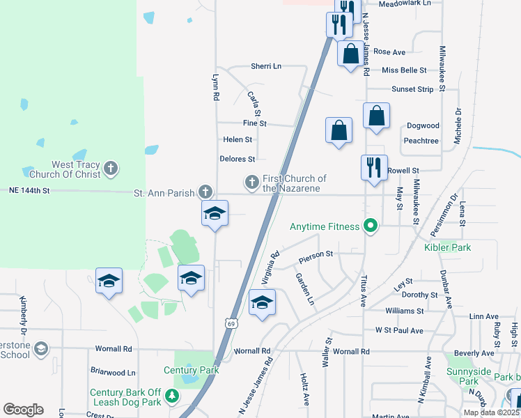 map of restaurants, bars, coffee shops, grocery stores, and more near 1301 Tracy Avenue in Excelsior Springs