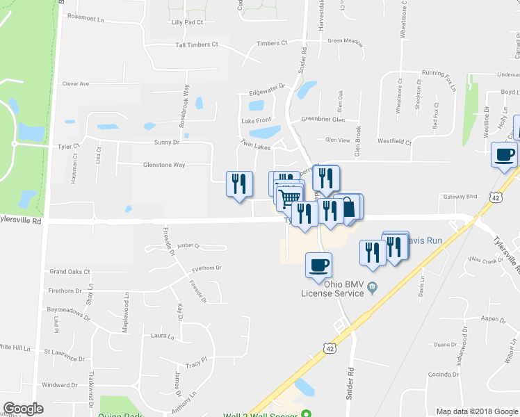 map of restaurants, bars, coffee shops, grocery stores, and more near 6310 Tylersville Rd in Mason