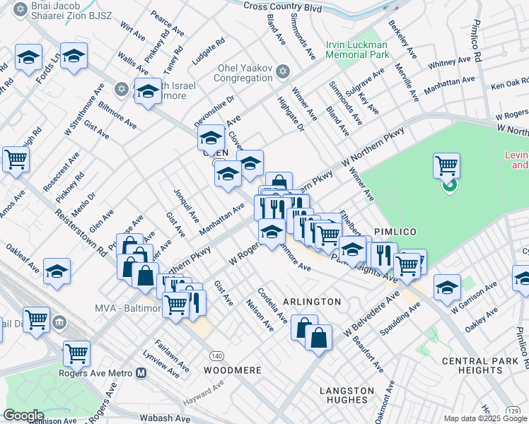 map of restaurants, bars, coffee shops, grocery stores, and more near W Northern Pkwy & Park Heights Ave in Baltimore