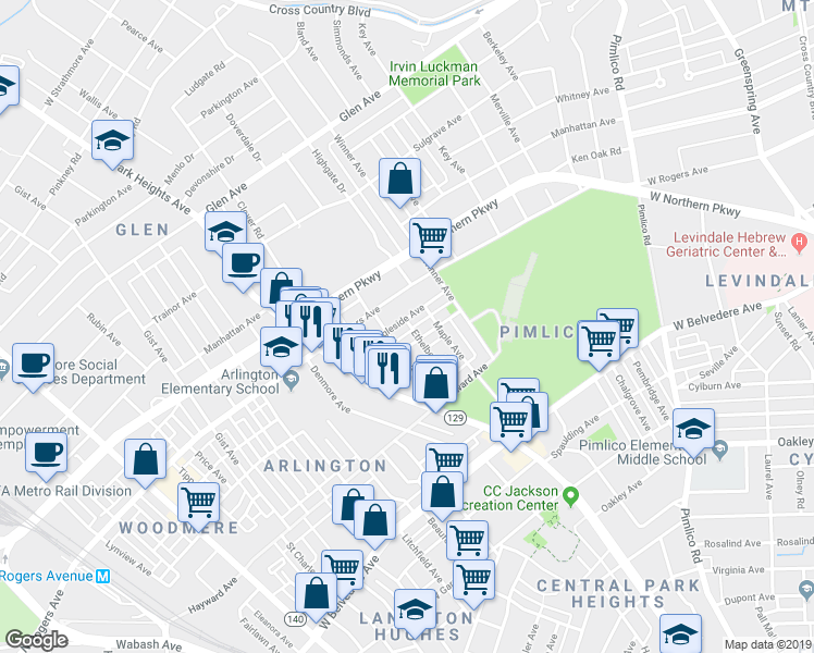 map of restaurants, bars, coffee shops, grocery stores, and more near 3327 Ingleside Avenue in Baltimore