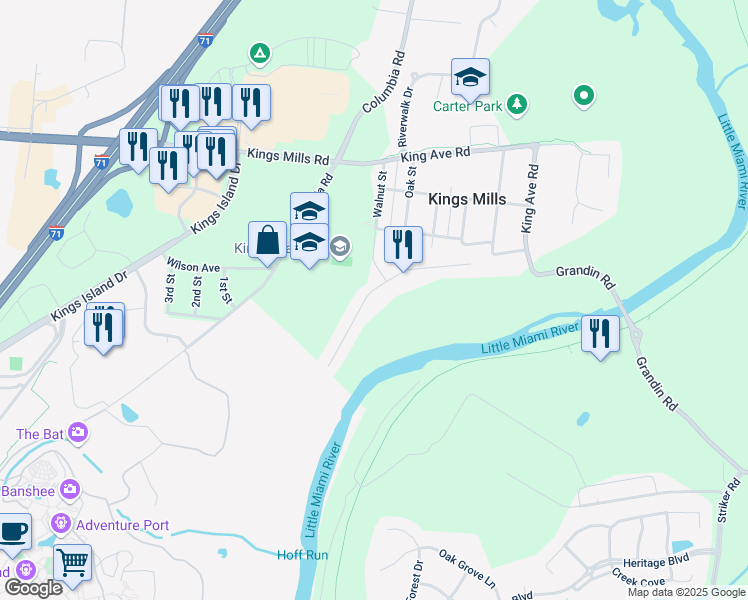 map of restaurants, bars, coffee shops, grocery stores, and more near 1913 Riverwood Trail in Kings Mills