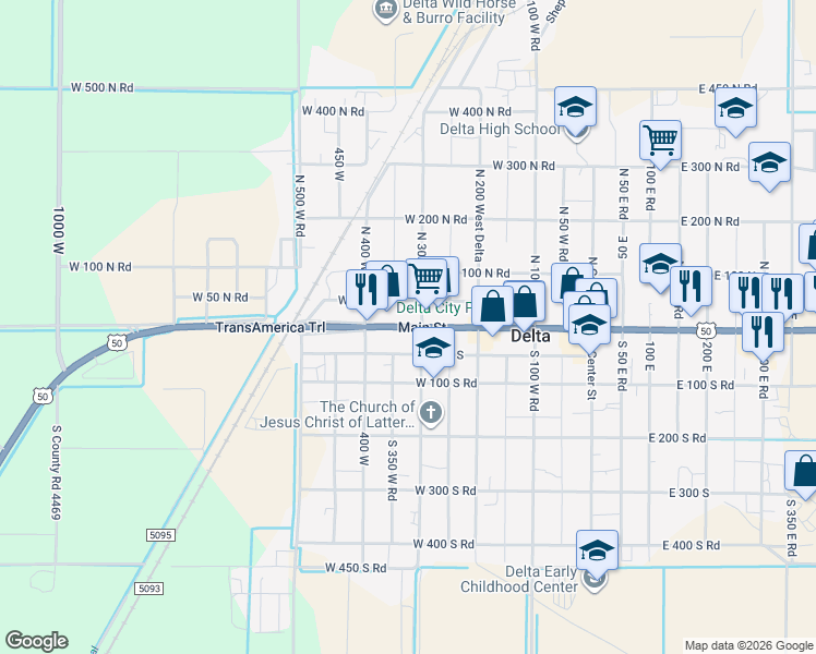 map of restaurants, bars, coffee shops, grocery stores, and more near 321 West Main Street in Delta