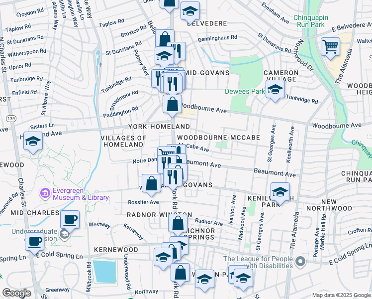 map of restaurants, bars, coffee shops, grocery stores, and more near 505 McCabe Avenue in Baltimore