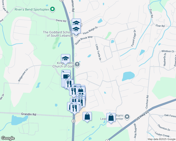 map of restaurants, bars, coffee shops, grocery stores, and more near 118 Saddle Creek Lane in Maineville