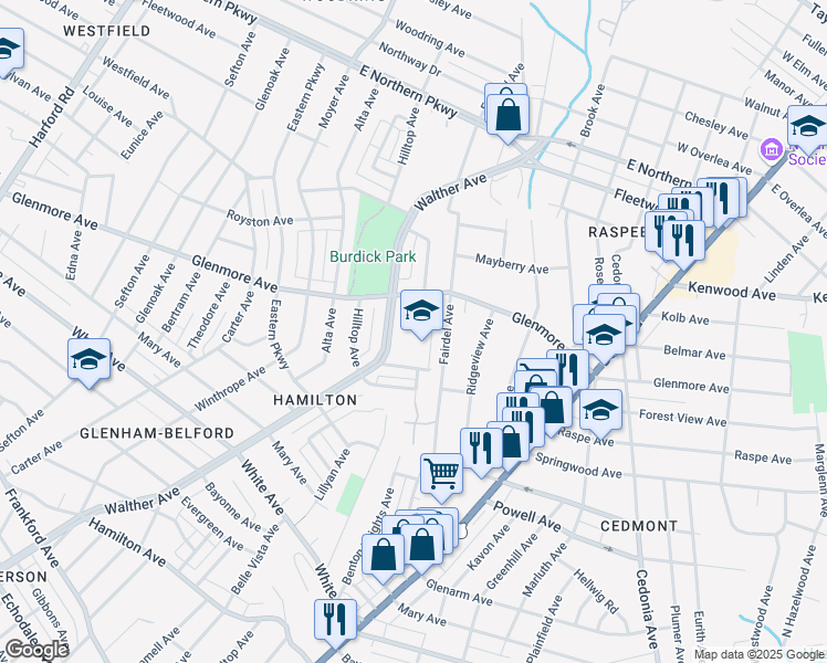 map of restaurants, bars, coffee shops, grocery stores, and more near 6231 Walther Avenue in Baltimore