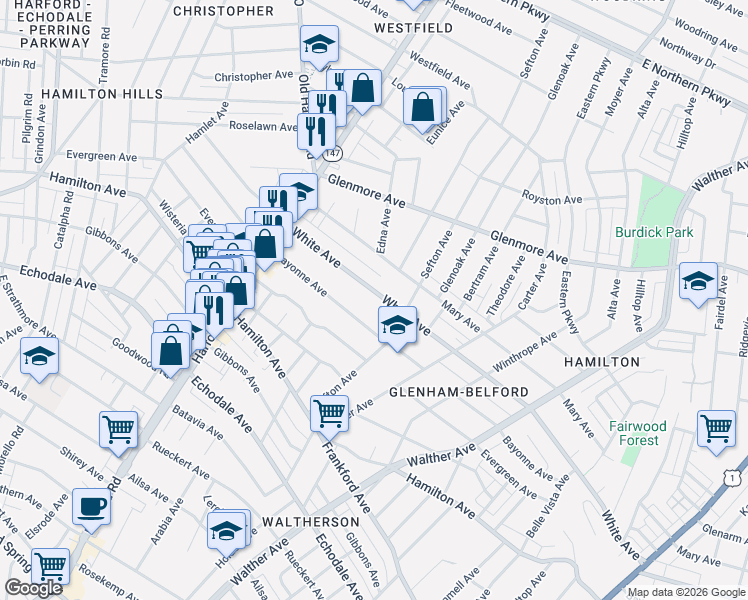 map of restaurants, bars, coffee shops, grocery stores, and more near 3203 White Avenue in Baltimore