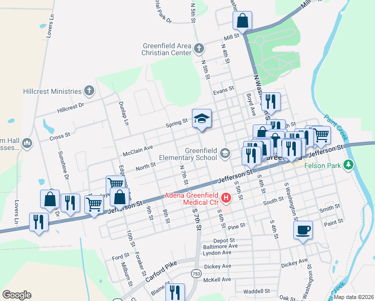 map of restaurants, bars, coffee shops, grocery stores, and more near 625 North Street in Greenfield