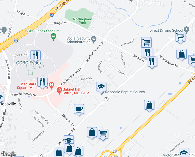map of restaurants, bars, coffee shops, grocery stores, and more near 9212 Oswald Way in Rosedale