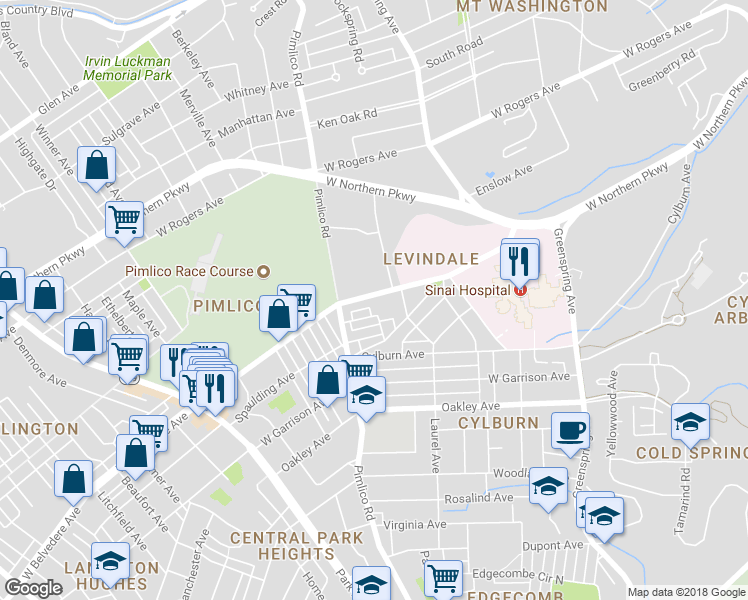 map of restaurants, bars, coffee shops, grocery stores, and more near 2701 West Belvedere Avenue in Baltimore