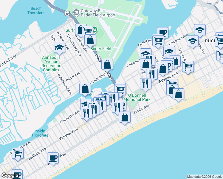 map of restaurants, bars, coffee shops, grocery stores, and more near 3720 Sunset Avenue in Atlantic City