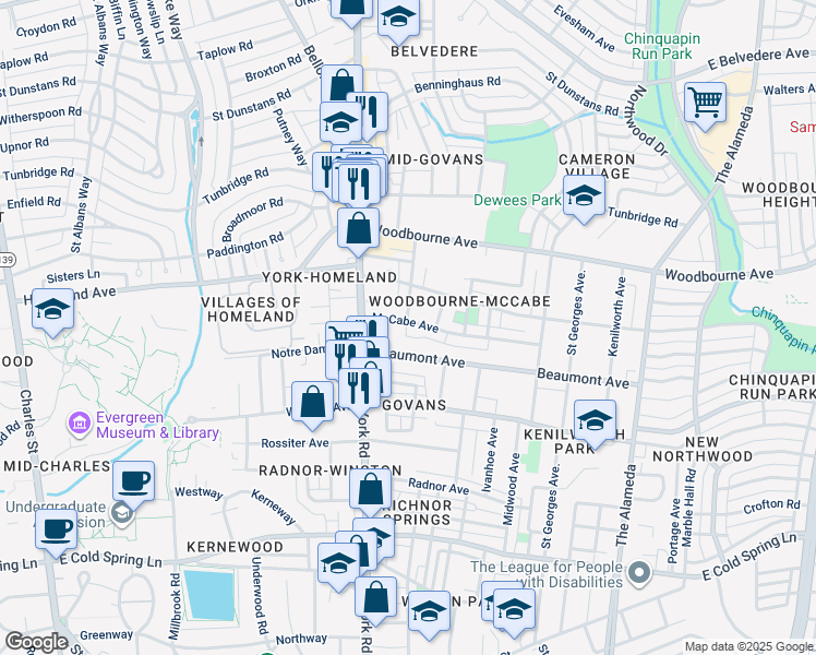map of restaurants, bars, coffee shops, grocery stores, and more near 601 McCabe Avenue in Baltimore
