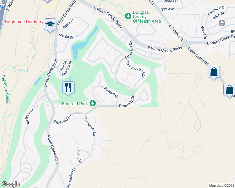 map of restaurants, bars, coffee shops, grocery stores, and more near 753 Stafford Cir in Castle Rock
