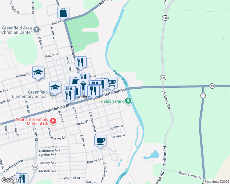 map of restaurants, bars, coffee shops, grocery stores, and more near Jefferson Street & North McArthur Way in Greenfield