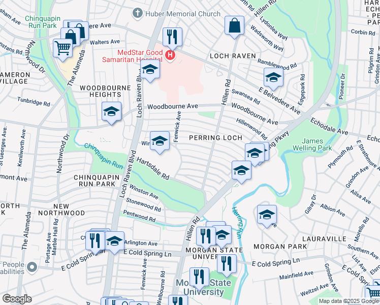 map of restaurants, bars, coffee shops, grocery stores, and more near 1616 Heathfield Road in Baltimore