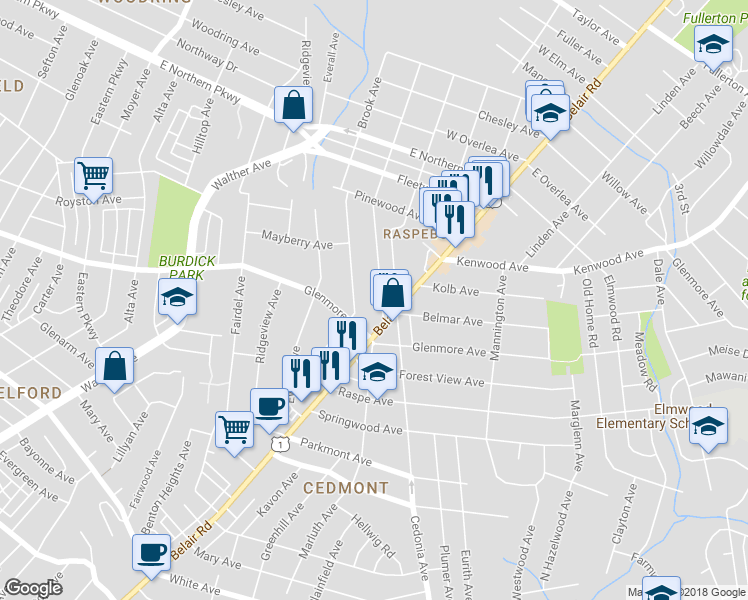 map of restaurants, bars, coffee shops, grocery stores, and more near 6408 Rosemont Avenue in Baltimore