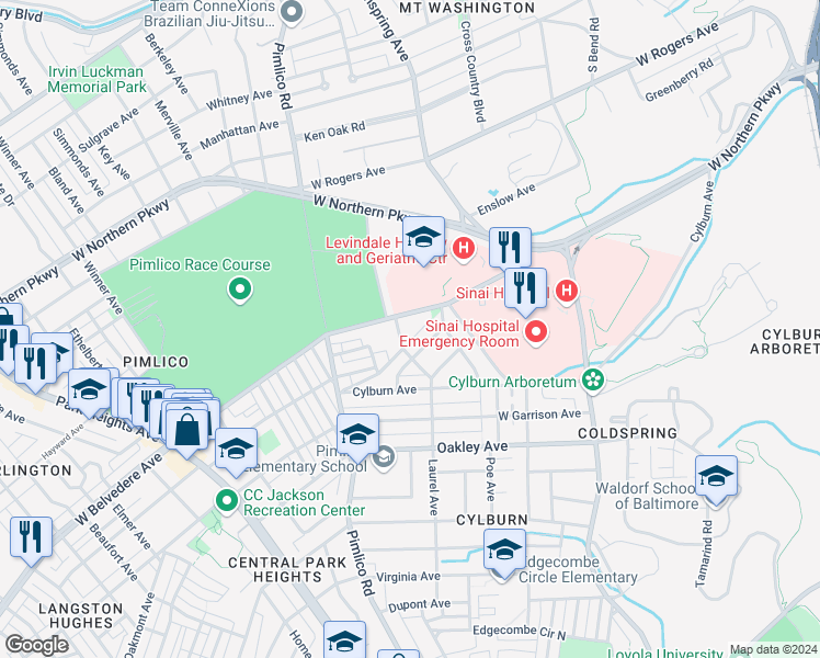 map of restaurants, bars, coffee shops, grocery stores, and more near 2525 West Belvedere Avenue in Baltimore